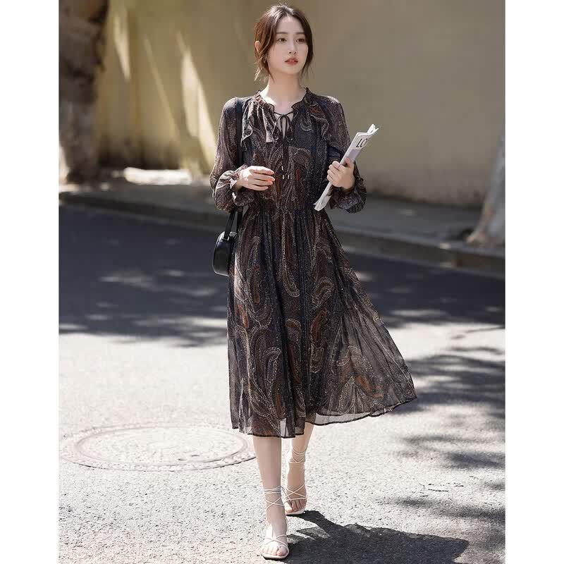 Demana Elegant Chiffon Print Midi Dress