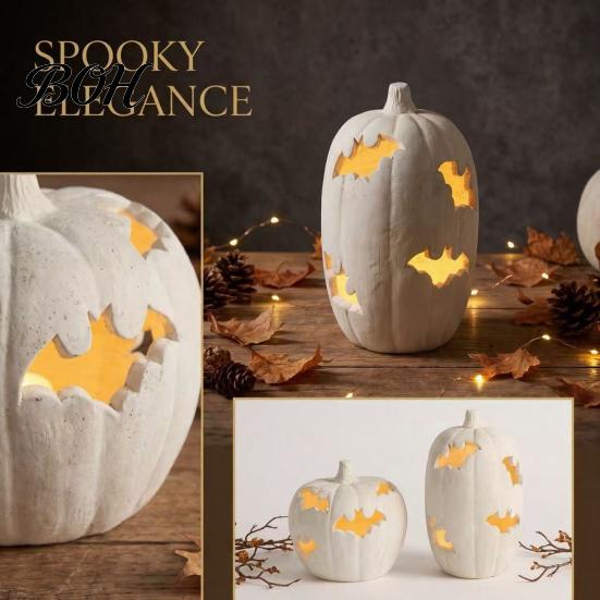 Decorative Yard Figurines Halloween Pumpkin Resin Figurine, Bat Hollow Out Lantern with Atmospheric Night Lighting Warm Light, Spooky Indoor