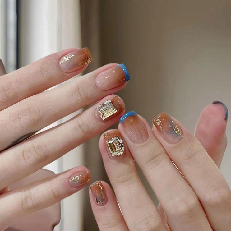 

30 Pcs Blue French Tip False Nail Rhinestones Artificial Nail Press On Nail Short Full Cover Stick on Nail 1