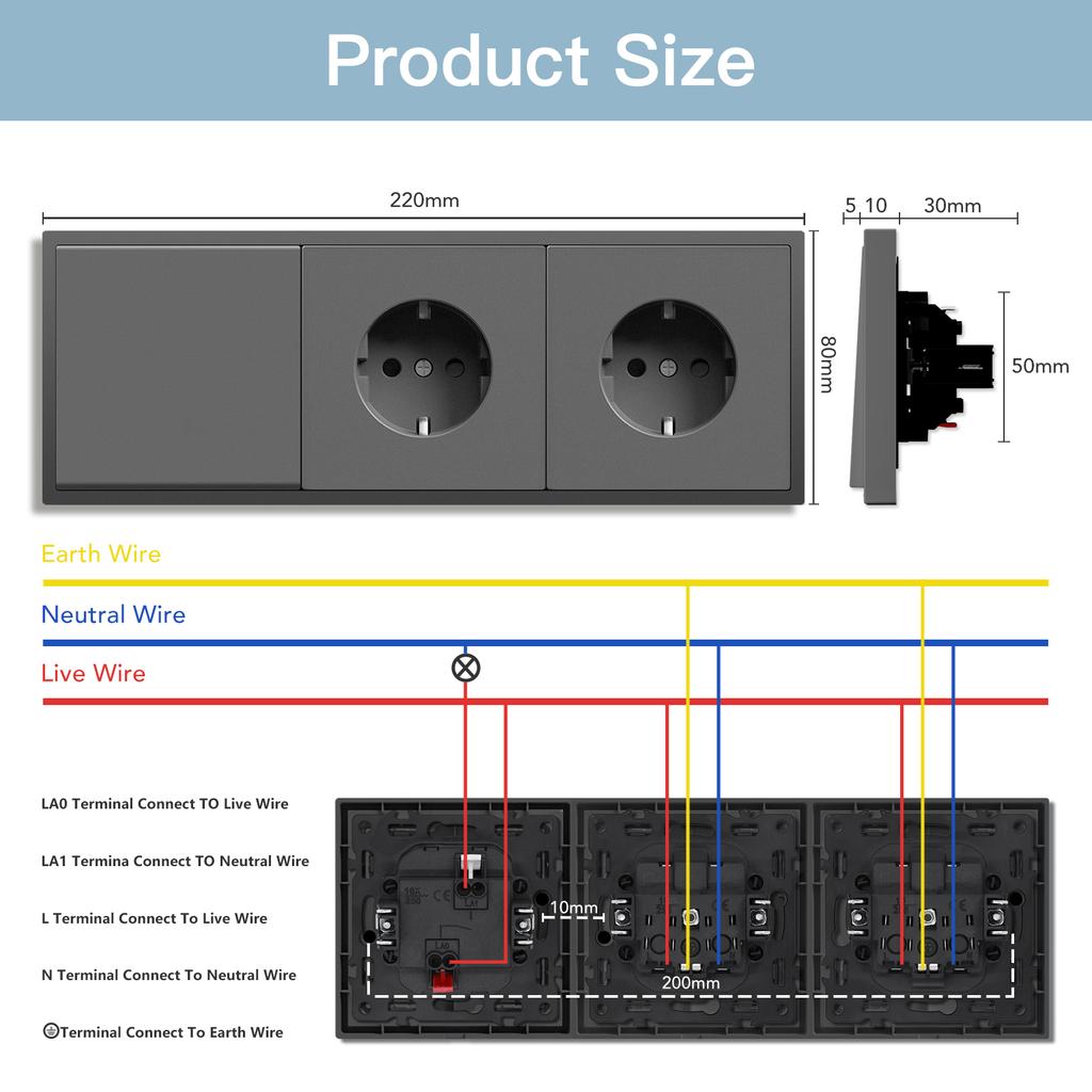 BSEED Mechanical 1/2/Gang Wall Light Switch 1Way With EU Sockets Power USB Power Outlets Plastic Panel No Led Lights Gray Series