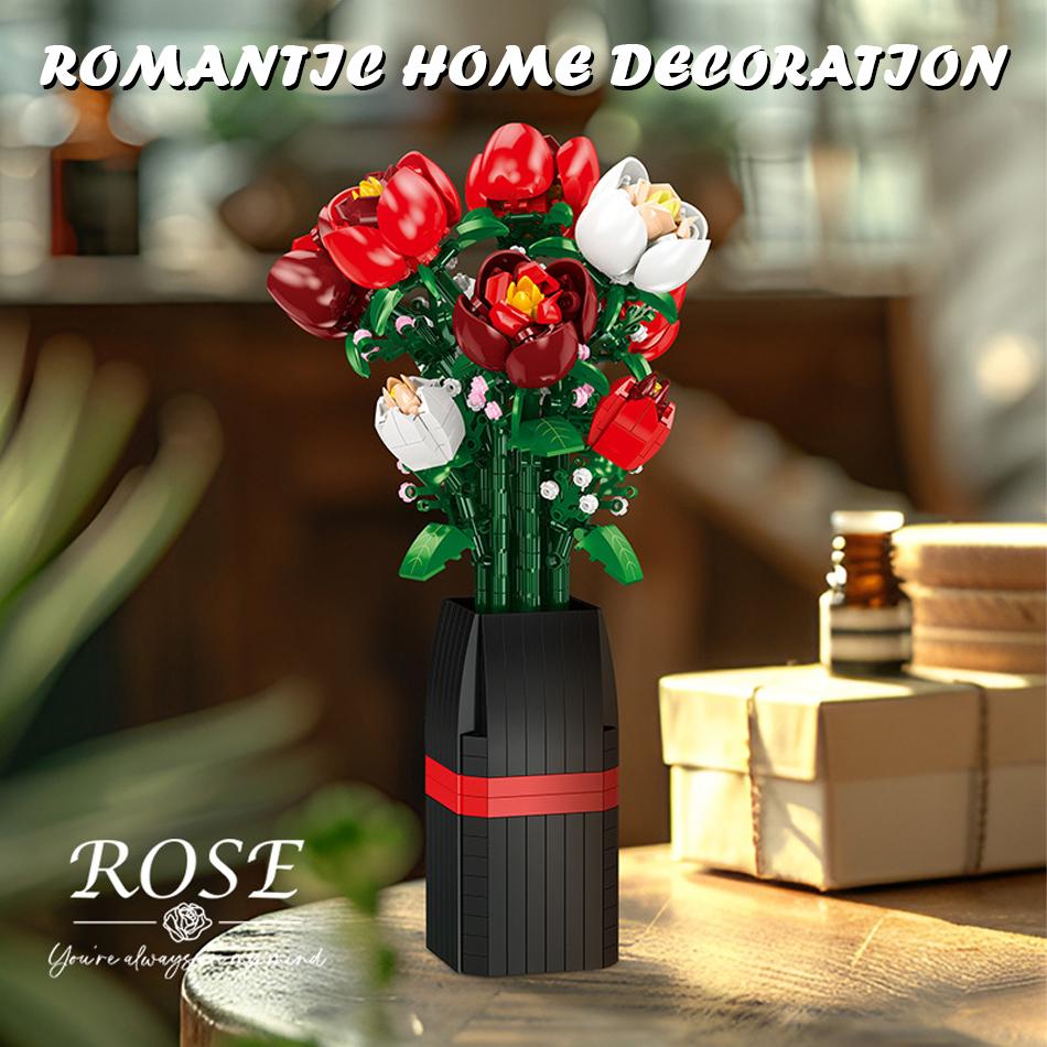 761PCS Romantic Red Rose Bouquet Vase Building Blocks Creative Simulated Flower Plant Home Decor Bricks Toy Valentine's Day Gift