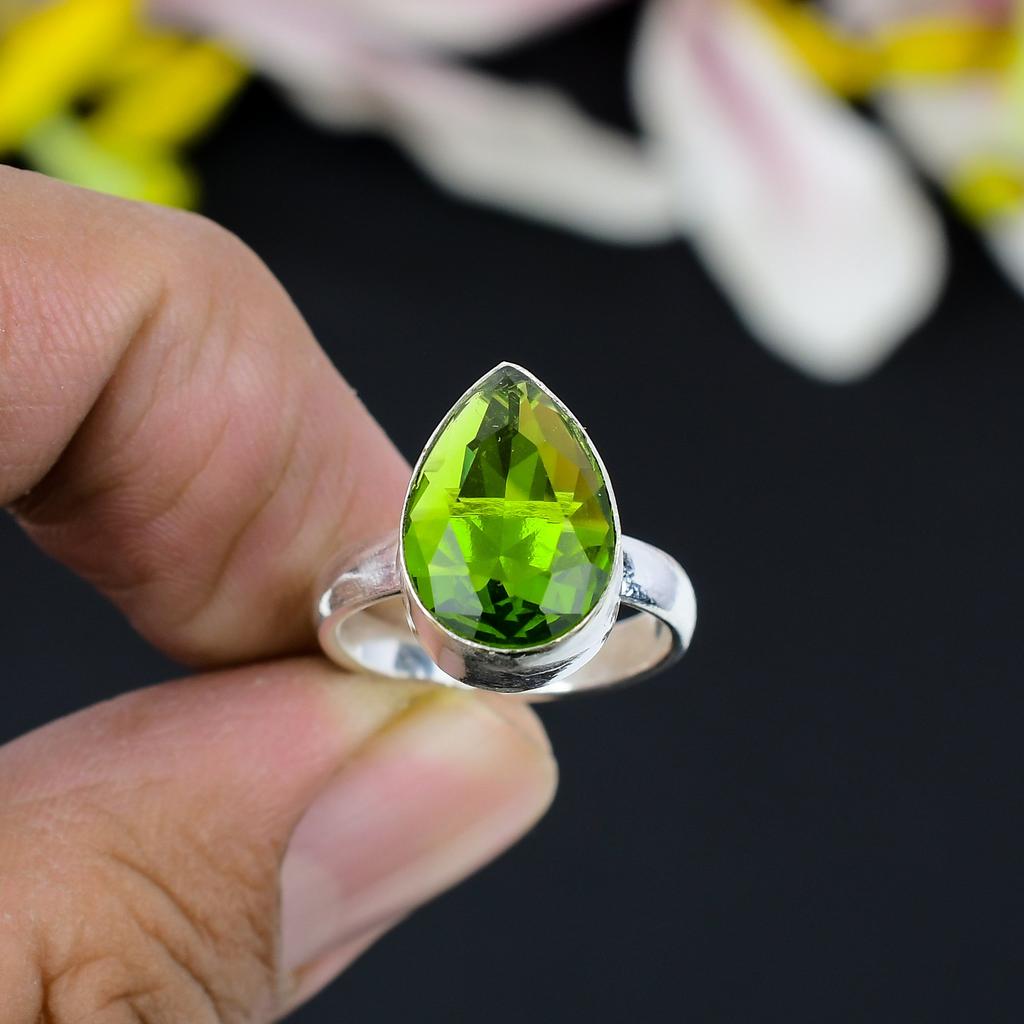 Peridot Gemstone Handmade 925 Sterling Silver Jewelry Ring Size 7 KG-363