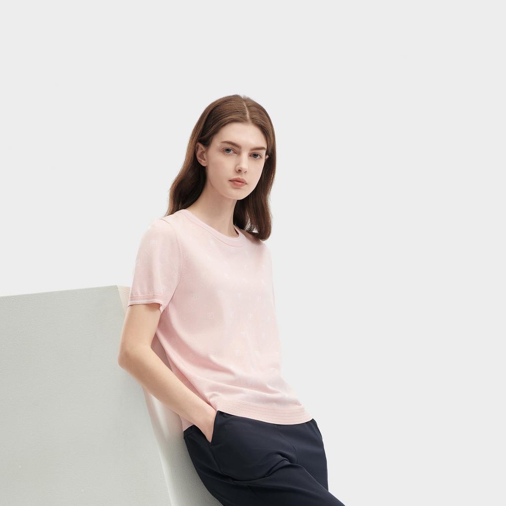 Fila Solid Color All Over Print Casual Round Neck Short Sleeve Knit Top Women Tops Light-Cherry-Blossom-Pink F11W421407FPK