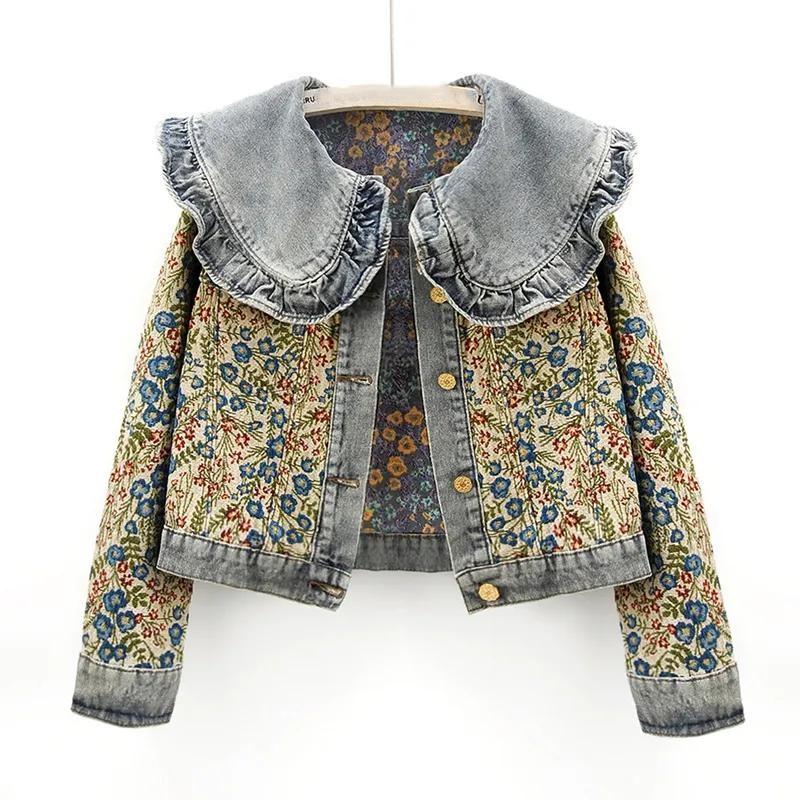 Women's Spring Long-Sleeved Peter Pan Collar Denim Jacket Autumn Design Casual Short Top