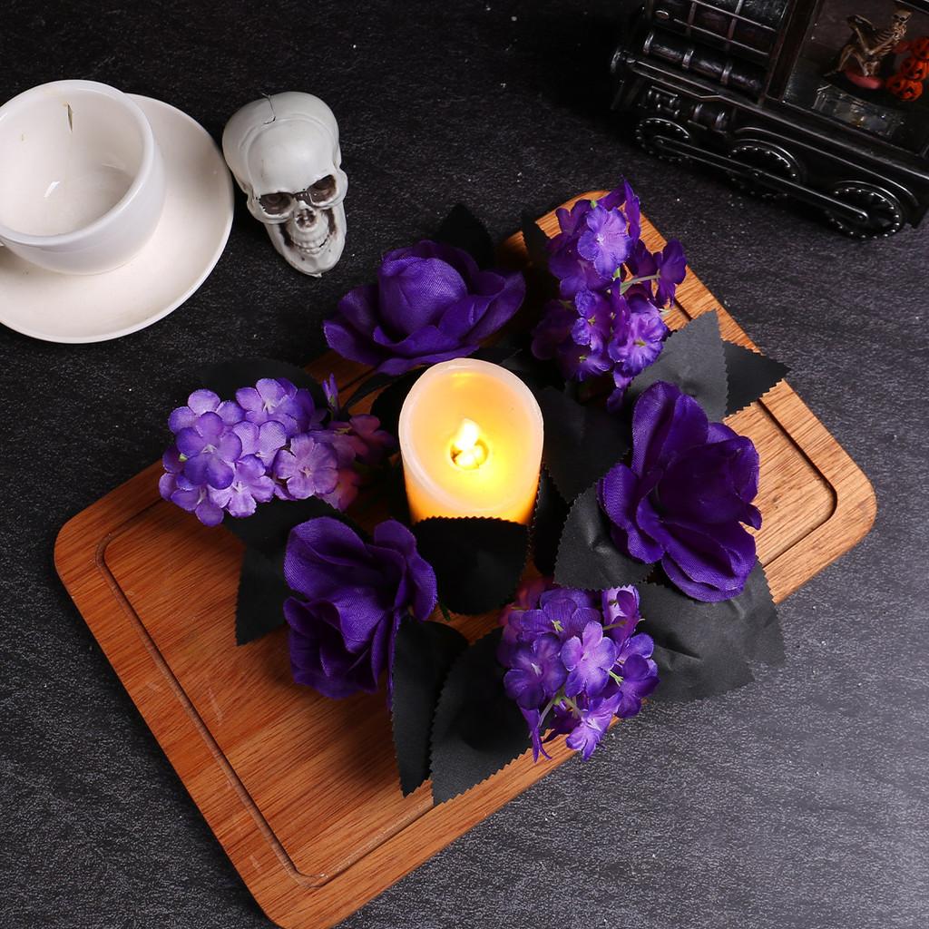 Halloween Purple Rose Candle Ring Decor With Synthetic Flowers For Venue Decoration And Festive Display