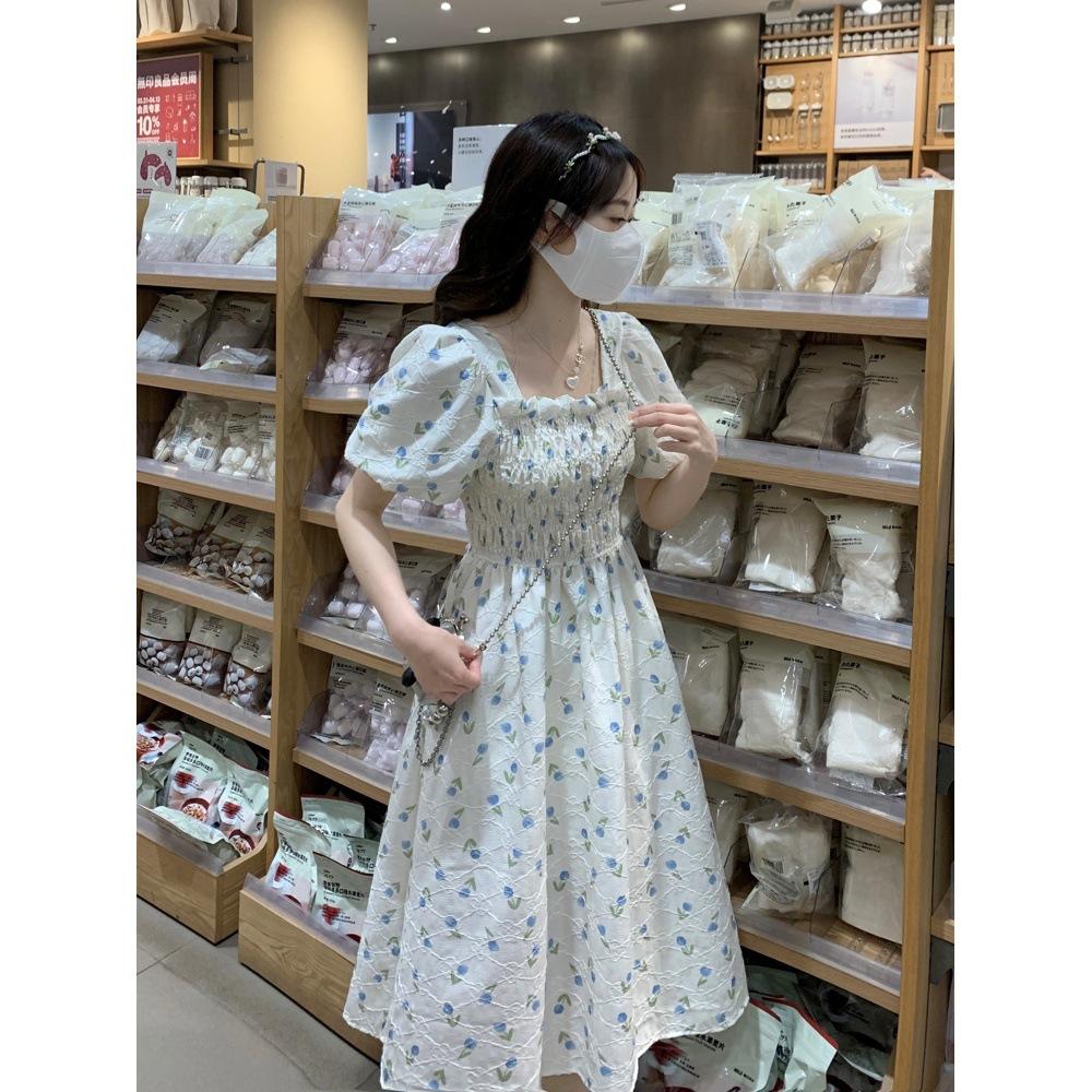 Large Size Square Neck Floral Skirt Micro Summer Sweet Wind Niche Temperament Thin Bubble Sleeve Jumpsuit Medium and Long Skirt