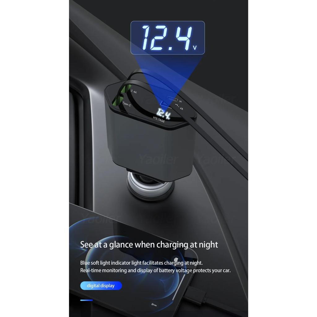 NEW 4 In 1 Retractable Car Charger 120W Super Fast Charge Car Phone Charger 2 Retractable Cables & 2 Ports Car Charger