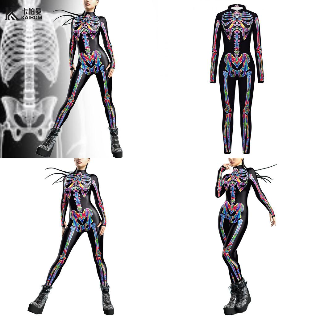 Colorful Skeleton Bodysuit For Halloween Unique Digital Print Jumpsuit