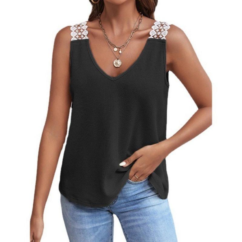 Womens Waffle Knit V Neck Tank Top With Lace Trim Sleeveless Casual Solid Color Camisole