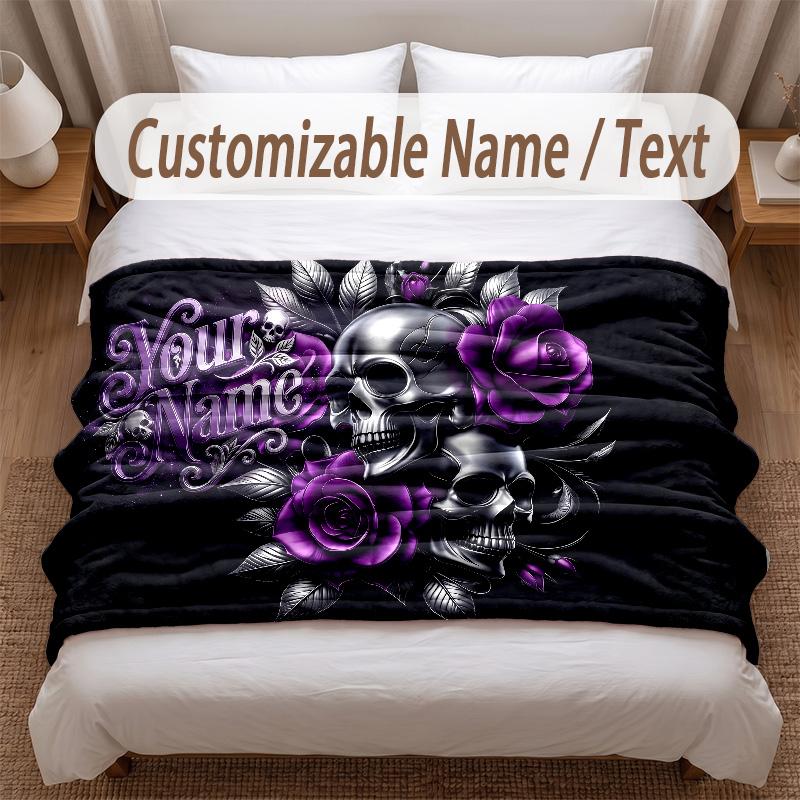 Skull Gothic Theme Soft Blanket Personalized Custom Name Text Print Warm Blanket Home Sofa Bedroom Decor