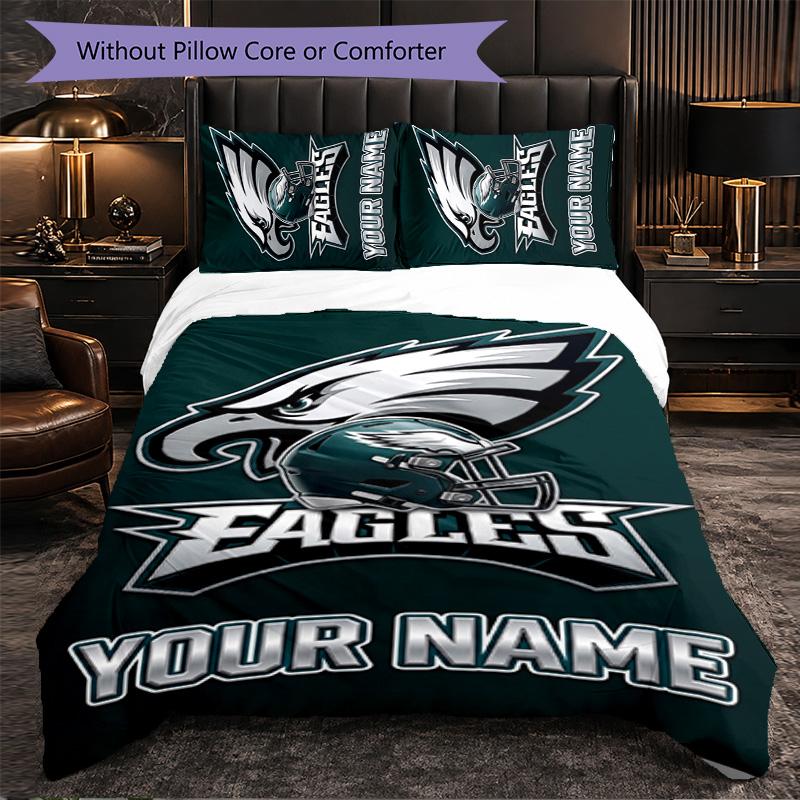 Philadelphia Eagles Customized Name Text Bedding Set, 1 Duvet Cover & 2 Pillowcases Personalized Bedroom Gift