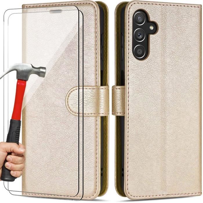 Coque de protection - BOOLING - Samsung A14 4G/5G - Effet Cuir - Fermeture Magnétique - Doré
