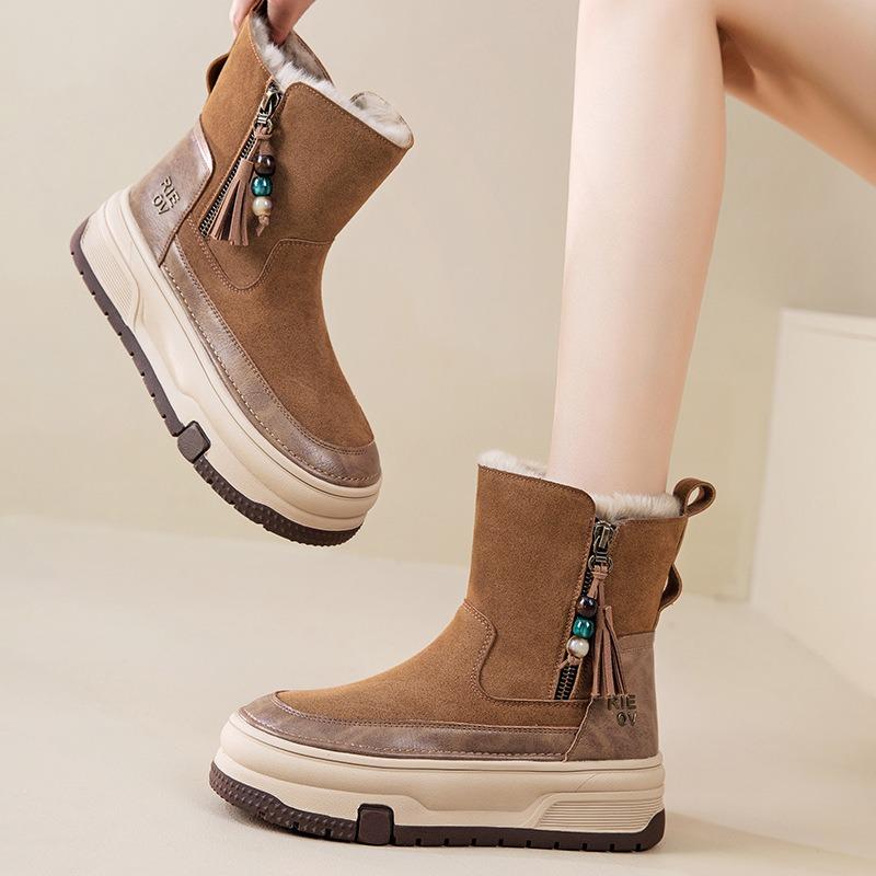 Winter new thick-soled waterproof leather boots, piled and thickened warm cotton shoes, genuine leather snow-soled boots for women