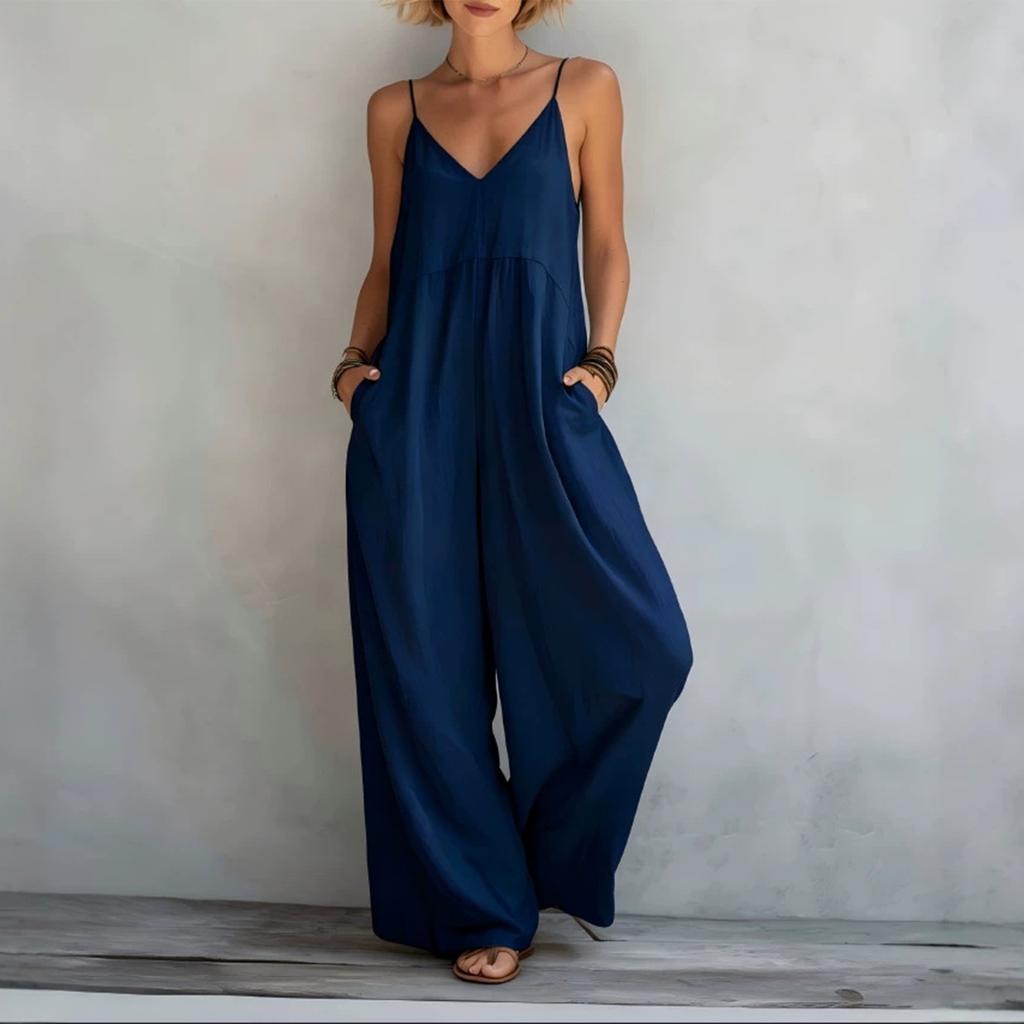Damen Ärmelloser V-Ausschnitt Weiter Bein Lockerer Jumpsuit Lässiger Sommer-Strampler mit Taschen Leichtes Bequemes Design