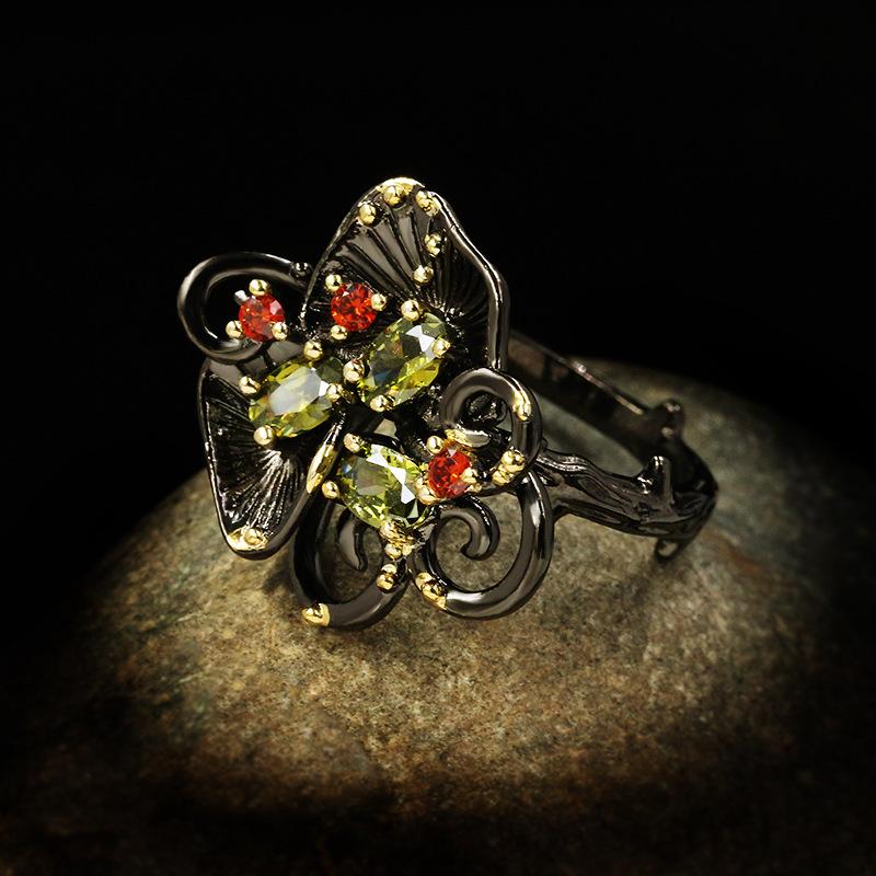 Carved Rings Retro Court Relief Orchid Black and Gold Hand Jewelry