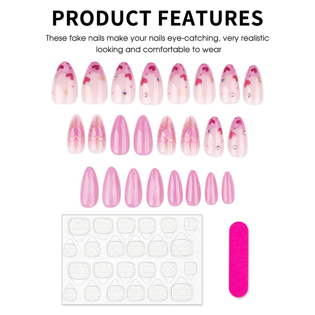 24PCS Glossy Pink Fake Nails with Cat Eyes Sweet & Charming Reusable False Nails for Stage Performance Wear
