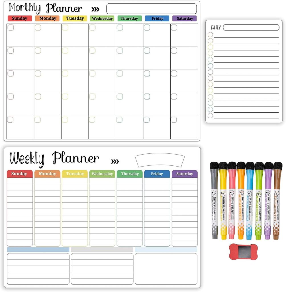 Magnetic Dry Erase Calendar Whiteboard Set (3-Pack) for Fridge, Wall, and Refrigerator Organization – Monthly, Weekly