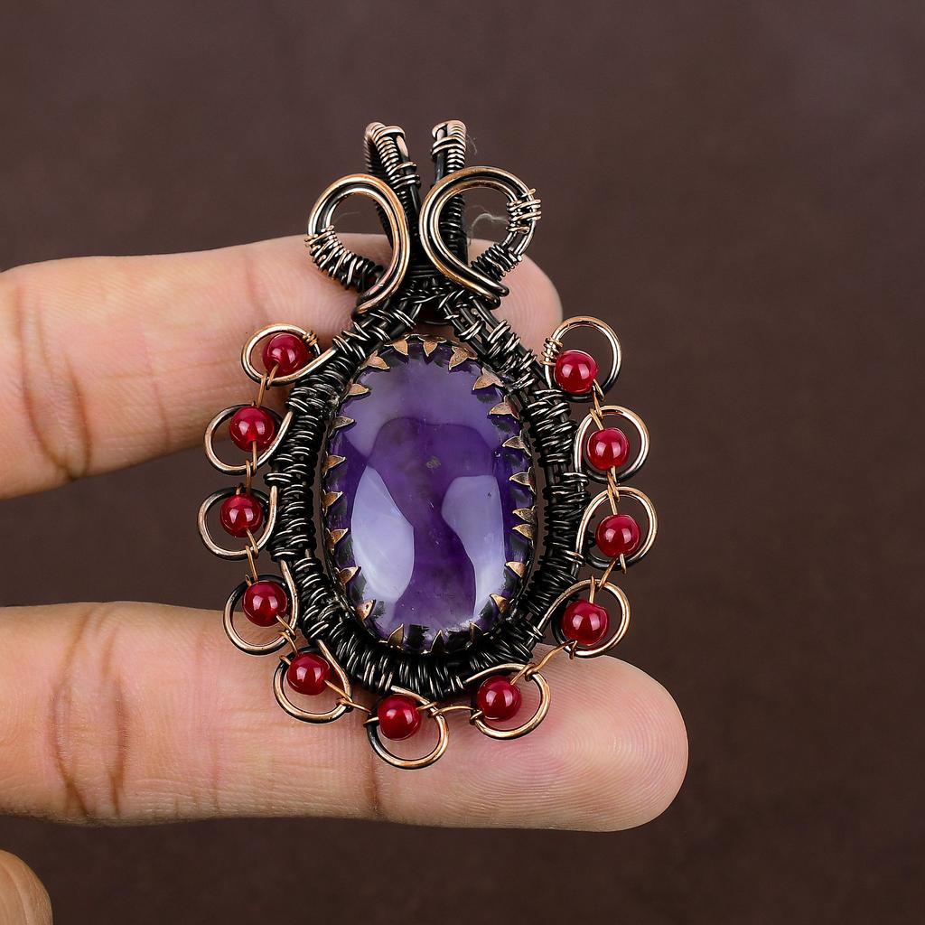 Natural Amethyst, Garnet Gemstone Handmade Copper Wire Wrap Pendant 2.56" E3H41