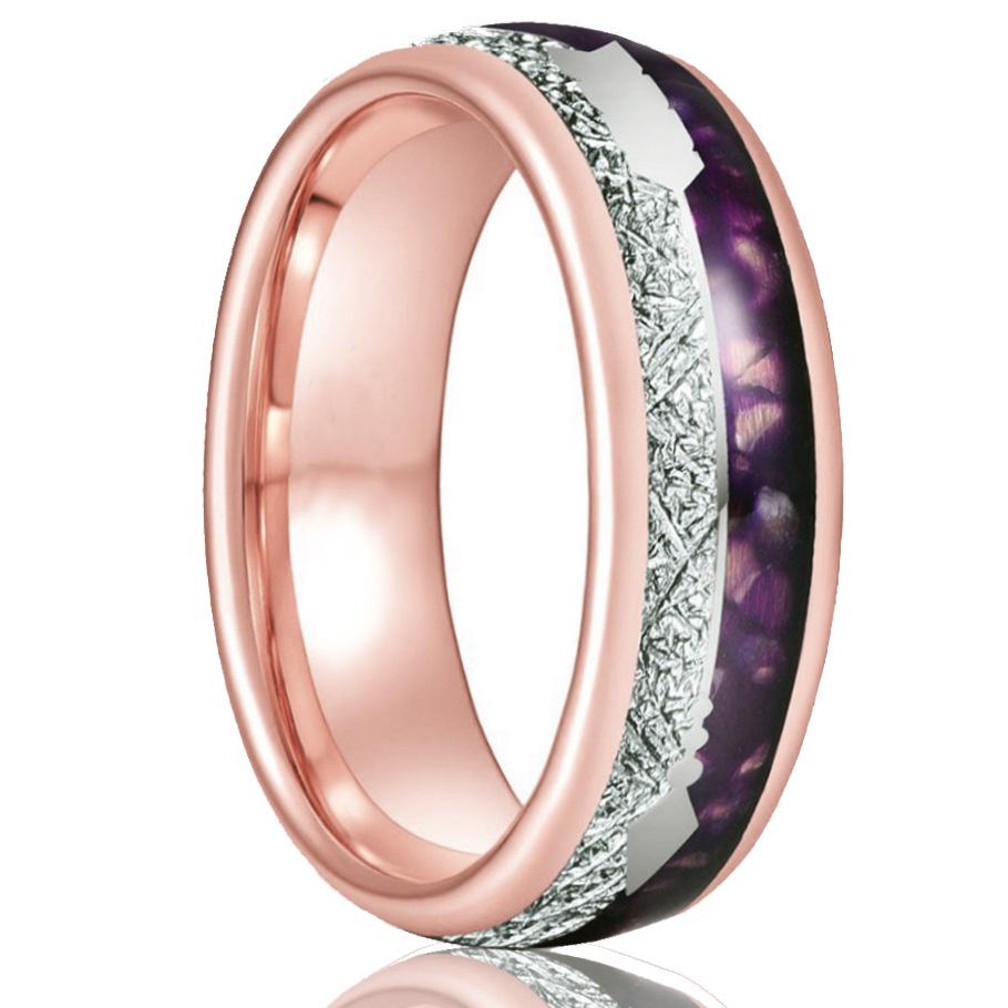 2025 Luxury 6mm/8mm Tungsten Ring with 18K Rose Gold, Meteorite, and Natural Purple Agate Inlay