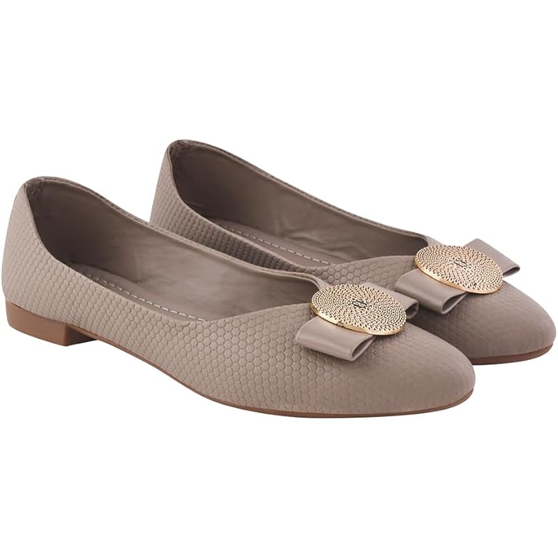 Shoetopia Women'S Grey Ballet Flats  Textured Slip-On Bellies With Decorative Bow & Gold Button | Elegant Casual & Offic