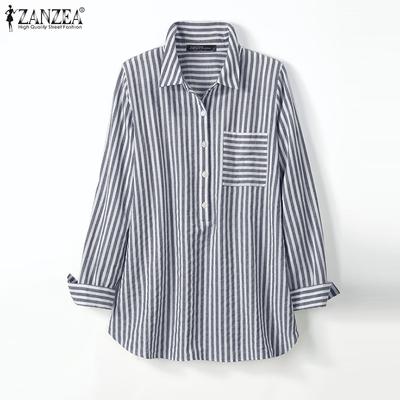 Blusa feminina casual gola virada para baixo listrada manga comprida