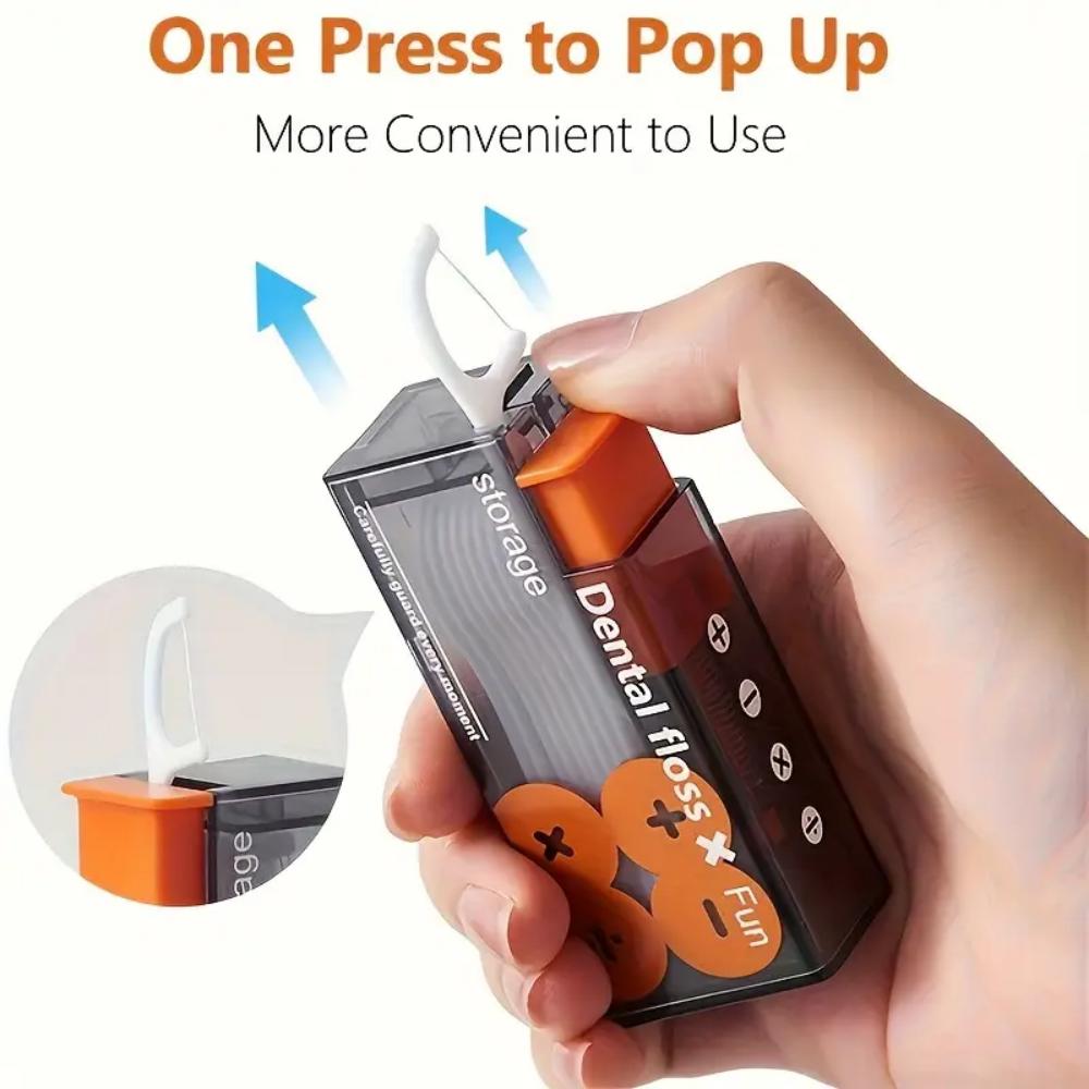 A floss pick storage box that pops out by pressing, floss pick dispenser, and a travel floss pick storage box (containing 10 flo