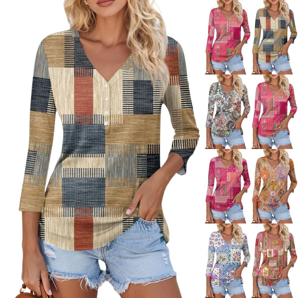 Damen Lässig Mode Sexy Bequem V-Ausschnitt Knopf Floral Dreiviertelarm Oberteil