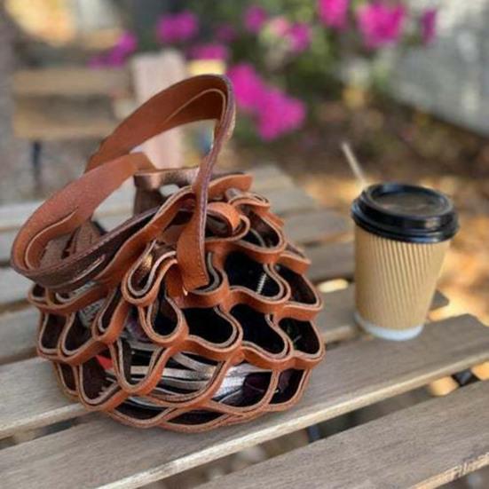 Folding Tote Bag Faux Leather Hollow Handbag Casual 2-in-1 Fruit Basket Seat Cushion for Picnics Camping Grocery Shopping