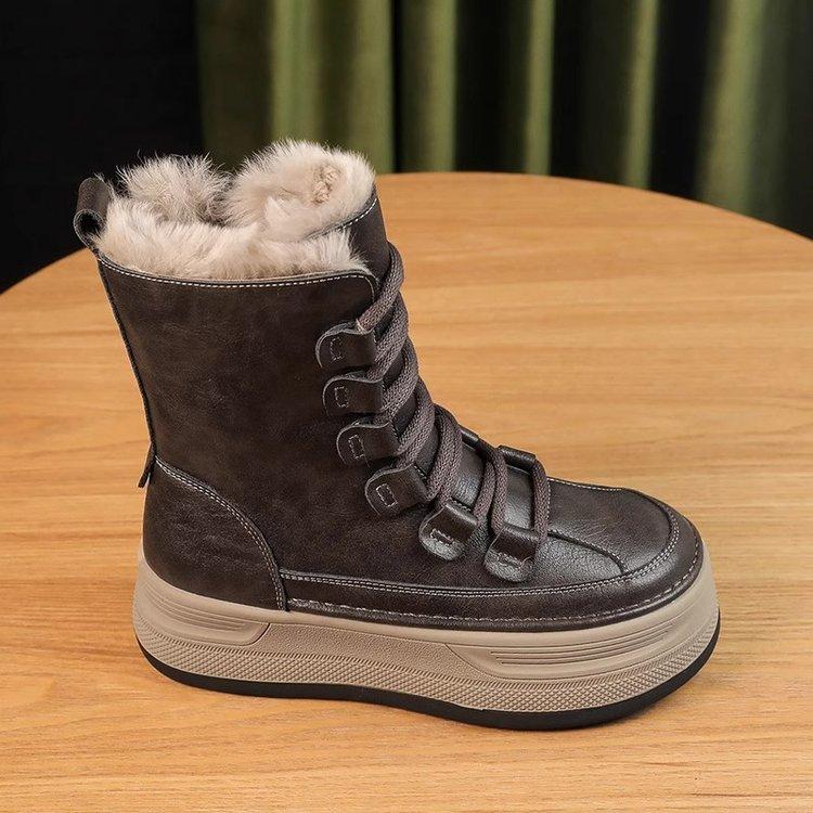 Botas de Neve de Inverno da Moda para Mulheres com Pelo de Pelúcia Quente Sapatos Redondos com Cadarço Cruzado Botinhas de Cano Curto