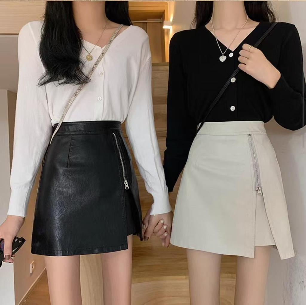 Korean Style High-Waist Irregular Zipper PU Leather A-line Midi Skirt for Women, 2025 Collection