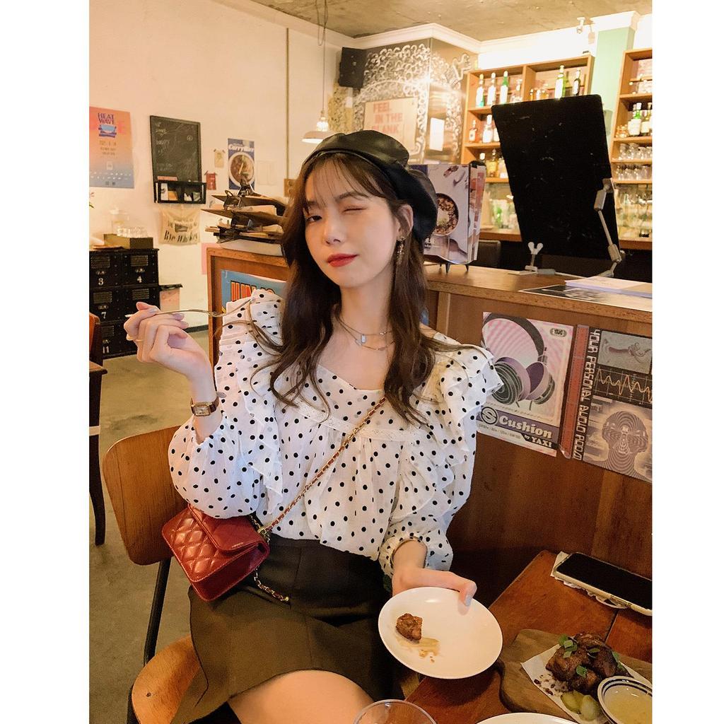 Korean Style Ruffle Sheer Lace Polka Dot Chiffon Blouse - 2025 Spring/Summer Collection, Square Neck Top