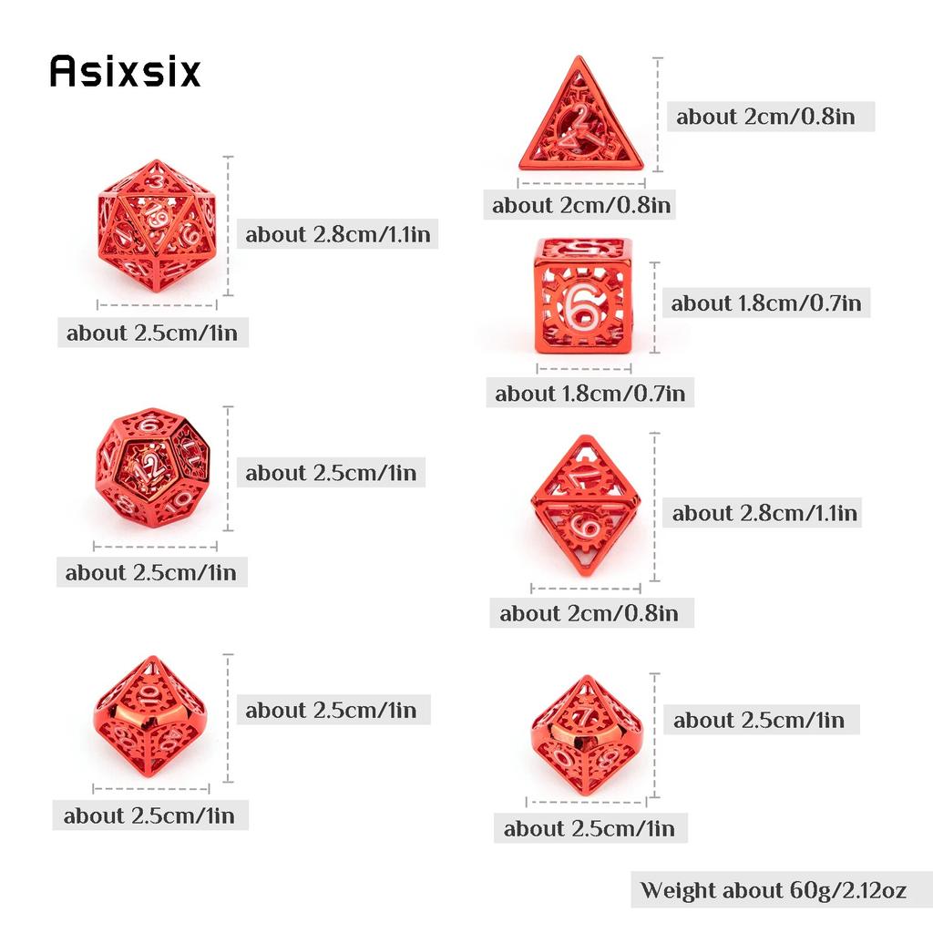 7 Pcs  Red White Gear Wheel Metal Dice Hollow Metal Polyhedral Dice Set Suitable for Role-Playing RPG  Board Game Card Game