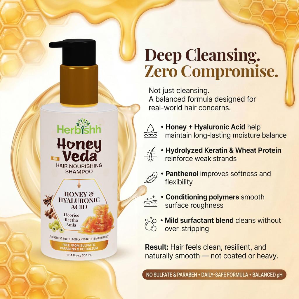 Herbishh Honig Veda Haarpflegespülung 300ml - Sulfatfreier Feuchtigkeitsreiniger für Trockenes & Krauses Haar, Süßholzwurzel & Amla, Reetha Protein Honig