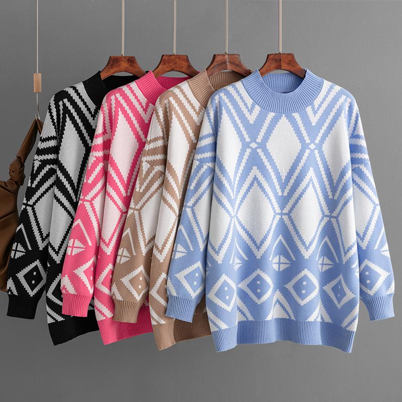 2023 Autumn/Winter Women's Geometric Jacquard Round Neck Sweater - Loose Fit, Medium-Long Knit Top