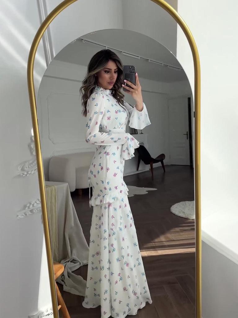European & American Floral Ruffle Long Dress - Gentle Style, Fresh Spring White, 2024 Collection