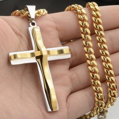 Hochglanzpolierte Edelstahl-Kreuz-Halsketten, Kruzifix-Anhänger und Halskette für Frauen und Männer, Vintage-Edelstahl, 6 mm Miami-Kette