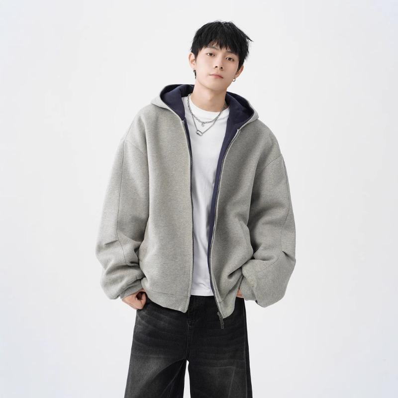 

Мужской модный кардиган на молнии с двойной застежкой, свободный, в стиле кэжуал, с жестким контрастом, ретро-худи-куртка L серый