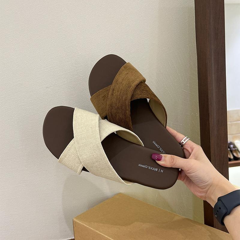 Cross-strapped linen slippers women's outerwear summer new retro casual sandals vacation seaside beach flat sandals