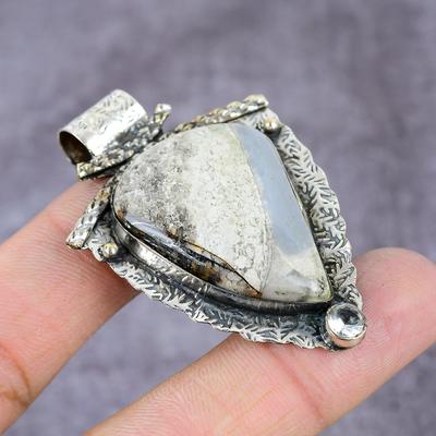 Natural Owhyee Opal, White Topaz Gemstone 925 Sterling Silver Pendant 2.25" W2b14