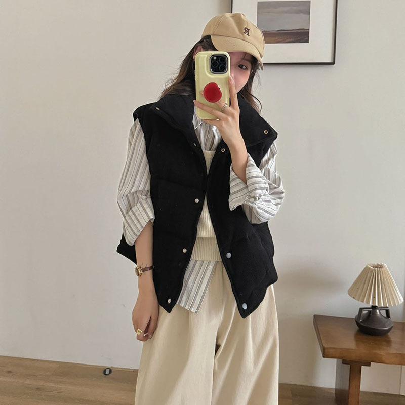

White duck down corduroy down vest women s 2025 winter fashion thickened high luxury outer wear casual vest M чорний