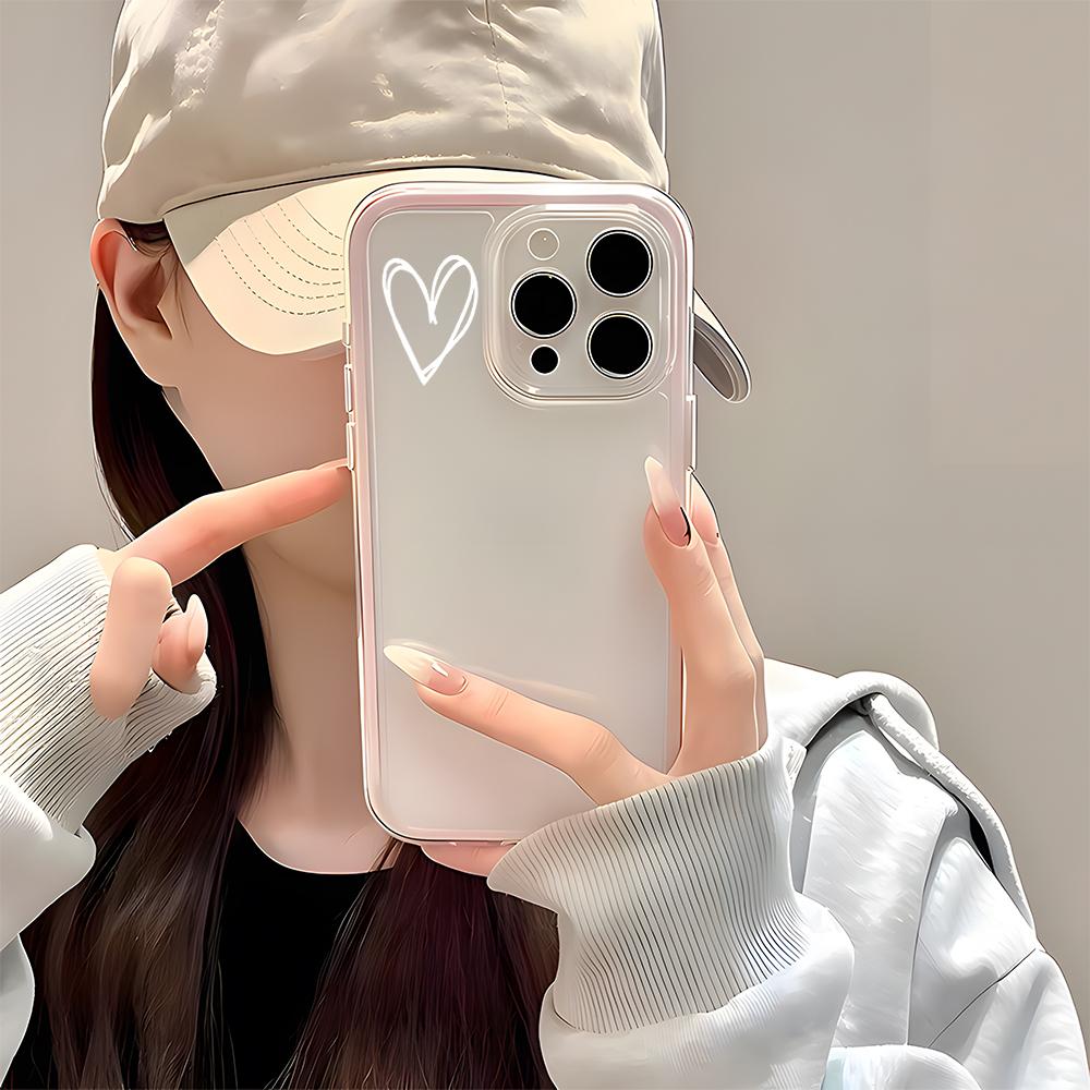 Simple White Heart Pattern 2 in 1 Candy Color Clear Phone Case For iPhone 11 12 13 14 15 16 17 Pro Max Plus Air Silicone Cover