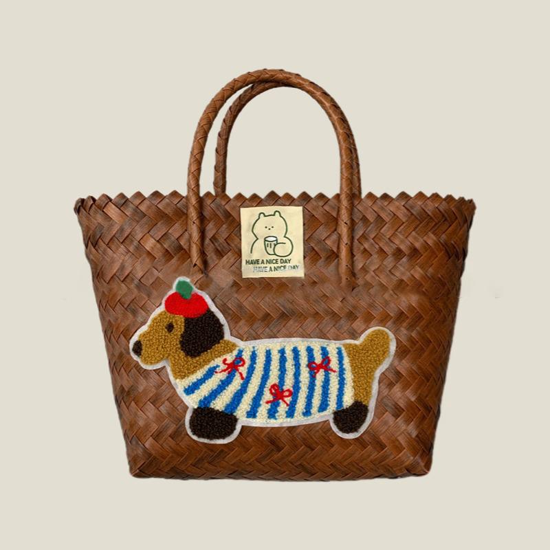 Retro Striped Dachshund Dog Woven Bag Trendy Cute Handbag Large Capacity Tote Bag  Bamboo Handle Vegetable Basket Bag