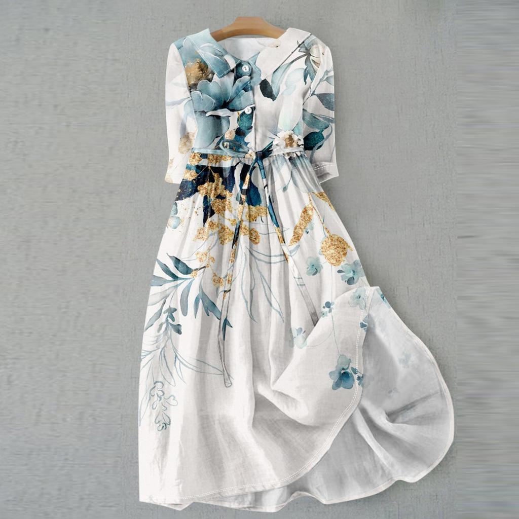 Women's Fashion Vintage Floral Print Lapel Button Three Quarter Sleeves Strappy Dress
