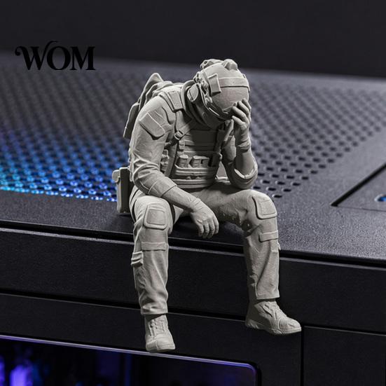Tactical Equipment Sculpture 3D Printed Soldier Figurine Ornament, Sitting Statue, Desk Accessory Funny Tired for Table Shelf Edge Decor Miniature