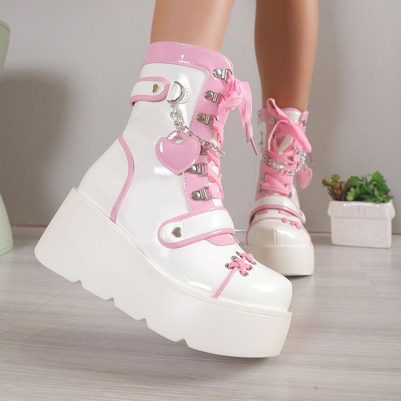 Fashion Comemore Women's Shoes Platform Lolita Boots Woman Wedge Heels Women's Mid Calf Booties Gothic Pink Kawaii JK Cosplay Long Botas