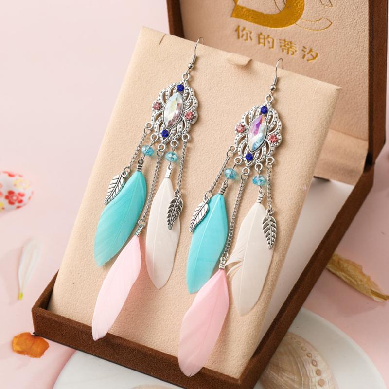 Fashion Temperament Bohemian Feather Earrings for Women Long Crystal Leaf Vintage Earring Female Wedding Party Jewelry