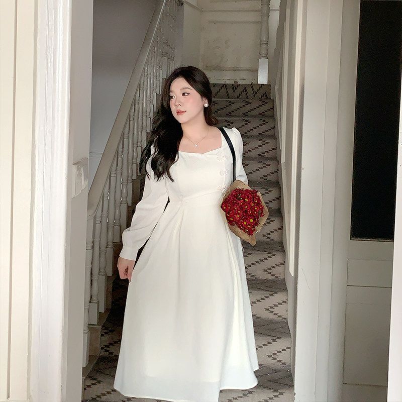 

Belly Not Meat Plus Size Women s Clothing New Chinese Style Improved Cheongsam Dress Plus Size Ladies Temperament Waist-Controlled Slim White Dress Apricot color 4XL