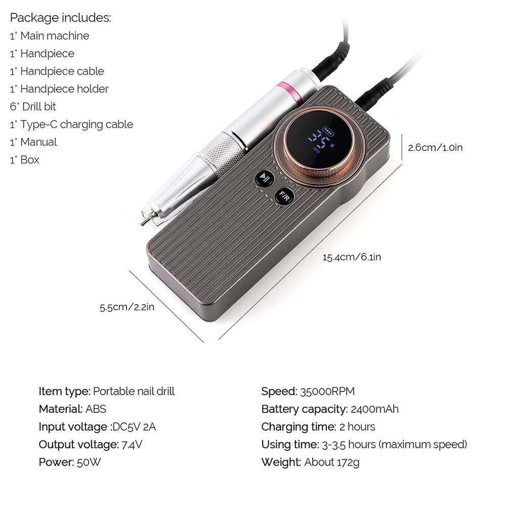 35000RPM Low Noise LCD Display Nails Beauty Tools Portable Nail Drill Exfoliation Remove Calluses Nail Removal Polisher