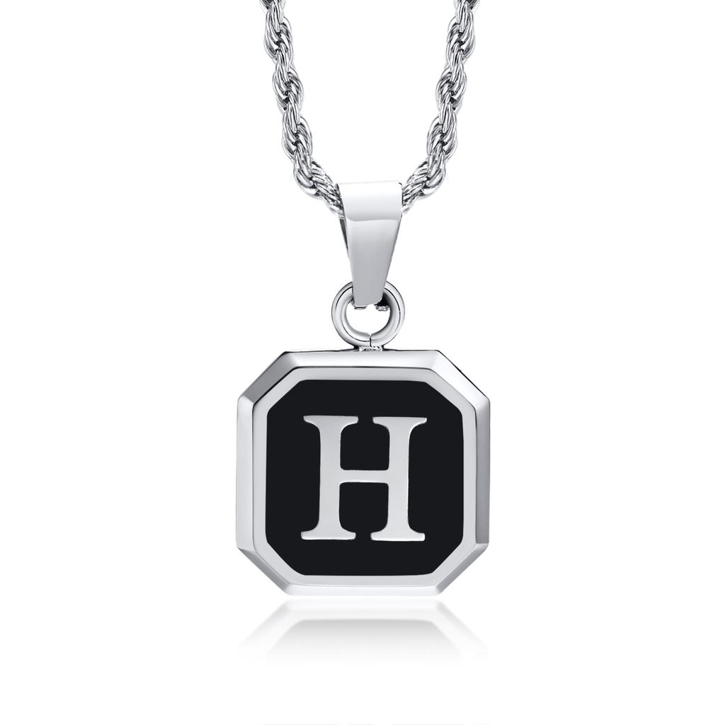Initials Necklaces for Men Women,A-Z 26 Letters Black Square Stainless Steel Pendant Collar,45-60CM Twisted Rope Chain Gifts