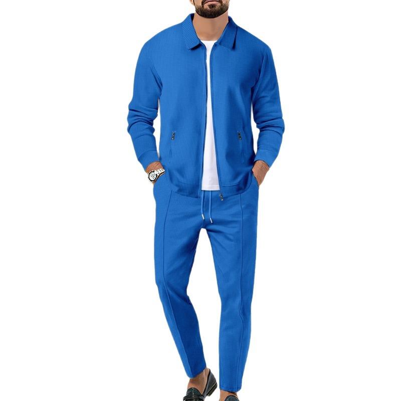 Men Waffle Texture Zipper Pocket Turn Down Collar Slim Fit Jacket Pants Set